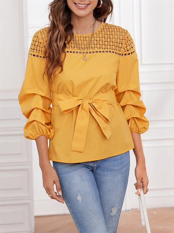 Summer Hollow Out Blouse Shirts Long Sleeve Belted Women Tops Casual Vintage Solid Shirts Elegant Lace-up O Neck Blouses