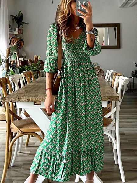 Summer Long Boho Dress Women V Neck Floral Beach Dress Casual Short Sleeve Print Loose Dress Female Ruffle Green Dress