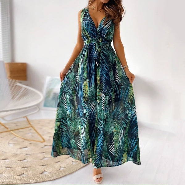Summer Long Dress Women Sexy V Neck Floral Print Backless Sundress Ladies Elegant Holiday Beach Bandage Maxi Dresses