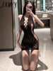 Summer Women Sexy Nightclub Dark Black hollow Out Perspective V-neck Bodycon Backless Slim HIp Mini Evening Party Dress