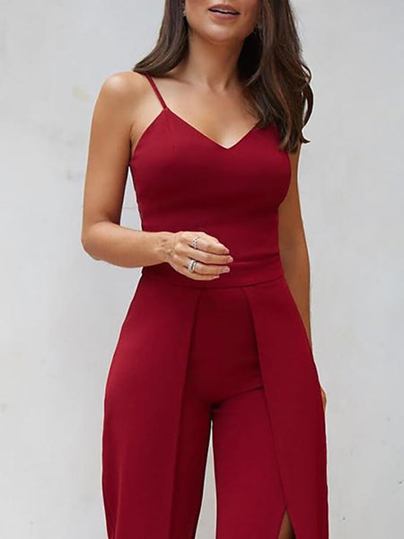 Summer Fashion Women Sleeveless Solid Color Wide Leg Sling Slit Slip Wedding Party Sexy Casual Jumpsuit Long Pants