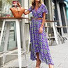 Summer Floral Beach Dress Women V Neck Boho Long Dress Casual  Short Sleeve Belted Print Dress Female Ruffle Tunic Dress