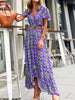 Summer Floral Beach Dress Women V Neck Boho Long Dress Casual  Short Sleeve Belted Print Dress Female Ruffle Tunic Dress