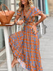 Summer Floral Beach Dress Women V Neck Boho Long Dress Casual  Short Sleeve Belted Print Dress Female Ruffle Tunic Dress