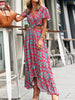 Summer Floral Beach Dress Women V Neck Boho Long Dress Casual  Short Sleeve Belted Print Dress Female Ruffle Tunic Dress