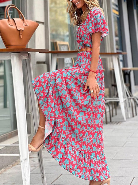 Summer Floral Beach Dress Women V Neck Boho Long Dress Casual  Short Sleeve Belted Print Dress Female Ruffle Tunic Dress