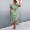Summer Floral Dress For Women Printed Belted Midi Party Dress Female Backless O-neck Split Dress Short Sleeve Elegant Dot Dress