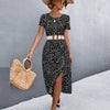 Summer Floral Dress For Women Printed Belted Midi Party Dress Female Backless O-neck Split Dress Short Sleeve Elegant Dot Dress