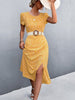 Summer Floral Dress For Women Printed Belted Midi Party Dress Female Backless O-neck Split Dress Short Sleeve Elegant Dot Dress