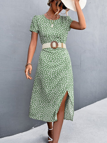 Summer Floral Dress For Women Printed Belted Midi Party Dress Female Backless O-neck Split Dress Short Sleeve Elegant Dot Dress