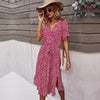 Summer Floral Dress Women Casual Print Dress V-Neck Midi Dresses Female Short Sleeve Button Loosed Dress Holiday Beach Vestidos
