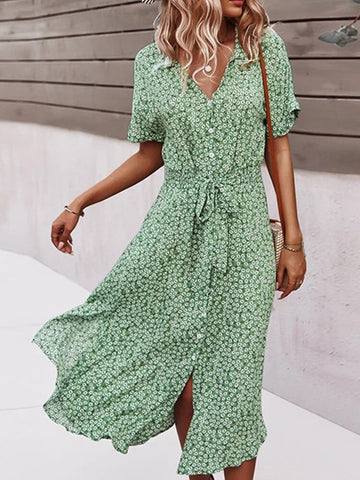 Summer Floral Dress Women Casual Print Dress V-Neck Midi Dresses Female Short Sleeve Button Loosed Dress Holiday Beach Vestidos