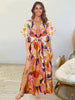 Summer Floral Long Dress Women V Neck Print Boho Dress Casual Holiday Beach Sundress Short Sleeve Split Woman Dress