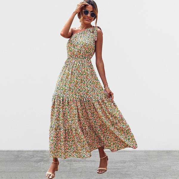Summer Floral Print Boho Casual Long Dresses Women Sexy Backless One Shoulder Lace Up Pleated Patchwork Beach Party Maxi Dress