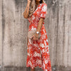 Summer Floral Print Dress Women V Neck Side Slit Long Dress Elegant Short Sleeve Button Slim Spring Female Party Dress Vestidos