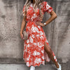 Summer Floral Print Dress Women V Neck Side Slit Long Dress Elegant Short Sleeve Button Slim Spring Female Party Dress Vestidos