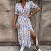 Summer Floral Print Dress Women V Neck Side Slit Long Dress Elegant Short Sleeve Button Slim Spring Female Party Dress Vestidos
