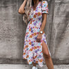 Summer Floral Print Dress Women V Neck Side Slit Long Dress Elegant Short Sleeve Button Slim Spring Female Party Dress Vestidos