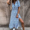 Summer Floral Print Dress Women V Neck Side Slit Long Dress Elegant Short Sleeve Button Slim Spring Female Party Dress Vestidos