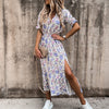 Summer Floral Print Dress Women V Neck Side Slit Long Dress Elegant Short Sleeve Button Slim Spring Female Party Dress Vestidos