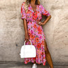 Summer Floral Print Dress Women V Neck Side Slit Long Dress Elegant Short Sleeve Button Slim Spring Female Party Dress Vestidos