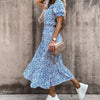Summer Floral Print Dress Women V Neck Side Slit Long Dress Elegant Short Sleeve Button Slim Spring Female Party Dress Vestidos