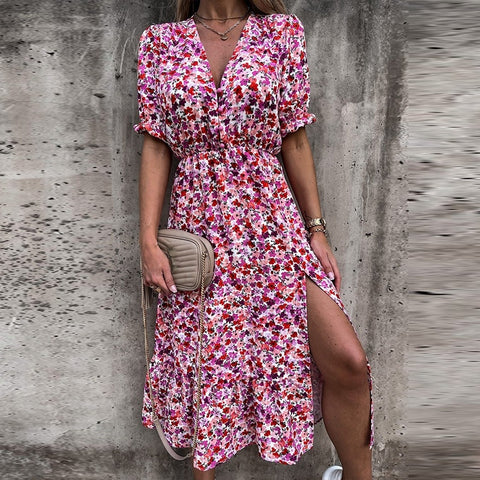 Summer Floral Print Dress Women V Neck Side Slit Long Dress Elegant Short Sleeve Button Slim Spring Female Party Dress Vestidos