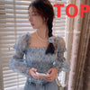 Summer Floral Print Square Collar Puff Sleeve Beach Midi Dress Women Elegant Sweet Slim Purple Blue Cupcake Dress  Mesh Dress