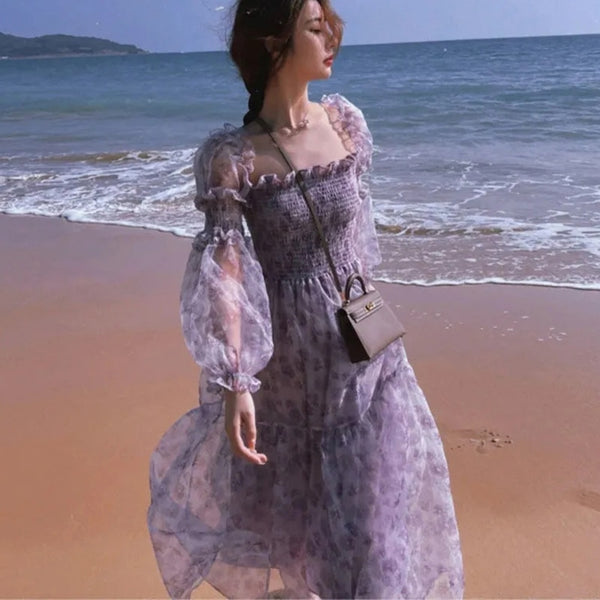 Summer Floral Print Square Collar Puff Sleeve Beach Midi Dress Women Elegant Sweet Slim Purple Blue Cupcake Dress  Mesh Dress