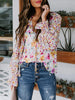 Summer Floral Print Tops Lantern Long Sleeve Casual Women Blouses Loose V-Neck Shirts Elegant Chiffon Office Ladies Tops