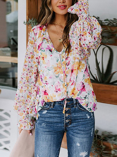 Summer Floral Print Tops Lantern Long Sleeve Casual Women Blouses Loose V-Neck Shirts Elegant Chiffon Office Ladies Tops