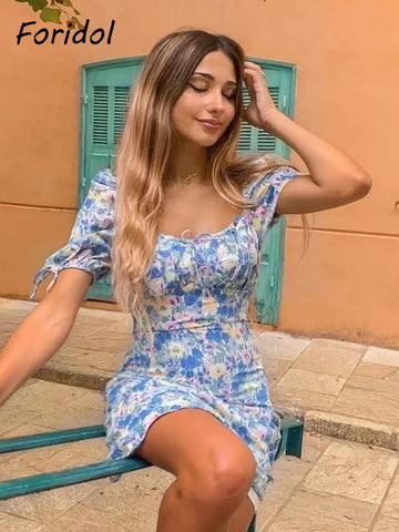 Summer Floral Short Sleeve Side Bowknot Blue Mini Dress Beach Casual Square Collar Lace Up Straight Boho Dress 2023