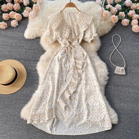 Summer Floral vintage Sundress Holiday Female Ruffles Irregular Chic Print Party Dresses Women Bohemian Beach Long Wrap Dress