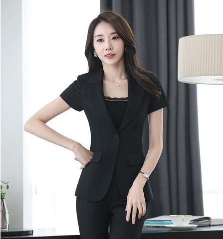 Summer Formal Black Striped Blazer Women Outerwear Jackets Short Sleeve Work Wear Uniform Style Office Ladies Bushiness Clothes