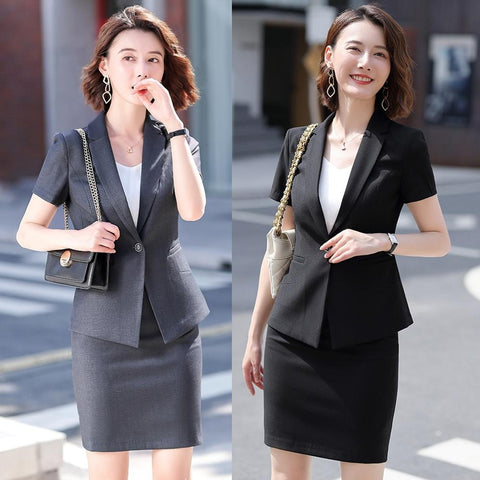 Summer Formal Female Skirt Suits for Women Business Suits Ladies Work Wear Grey Black Blazer and Jacket Sets OL Styles