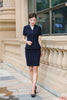 Summer Formal Women Skirt Suits Blazer and Jacket Sets Ladies Work Wear Business Clothes Short Sleeve Navy Blue