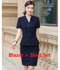 Summer Formal Women Skirt Suits Blazer and Jacket Sets Ladies Work Wear Business Clothes Short Sleeve Navy Blue