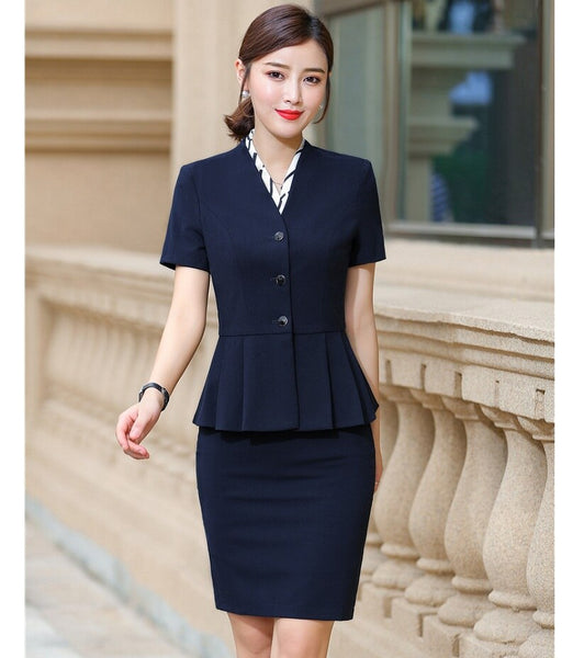 Summer Formal Women Skirt Suits Blazer and Jacket Sets Ladies Work Wear Business Clothes Short Sleeve Navy Blue