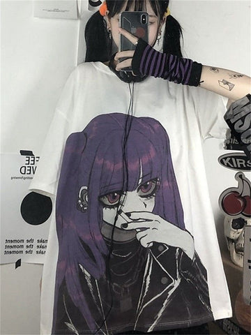 Summer Gothic Graphic T Shirt Women Harajuku Anime Print Tee Japan 2023 Goth Top Vintage Oversize Streetwear Alt Clothes