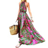 Summer Halter Sleeveless Floral Print Boho Dress for Women Pleated Stitching Maxi Dress High Waist Slim Lace Up Beach Dress 2023