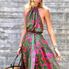 Summer Halter Sleeveless Floral Print Boho Dress for Women Pleated Stitching Maxi Dress High Waist Slim Lace Up Beach Dress 2023