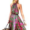 Summer Halter Sleeveless Floral Print Boho Dress for Women Pleated Stitching Maxi Dress High Waist Slim Lace Up Beach Dress 2023