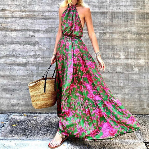 Summer Halter Sleeveless Floral Print Boho Dress for Women Pleated Stitching Maxi Dress High Waist Slim Lace Up Beach Dress 2023