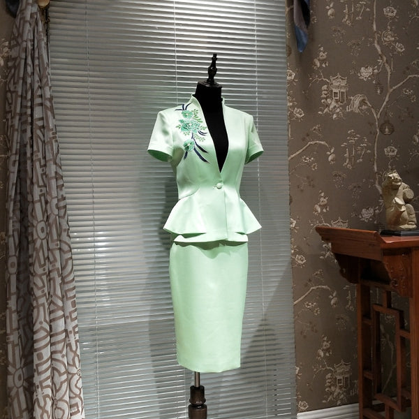 Summer Handmade Chinese Embroidery Blazers Suit Skirts Suit Short Sleeve Professional Clothing High End Women Blazers Uniforms