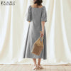 Summer Holiday Elegant Sundress ZANZEA Women Square Neck Buttons Robe Puff Sleeve Solid Vestidos Casual Midi Femme