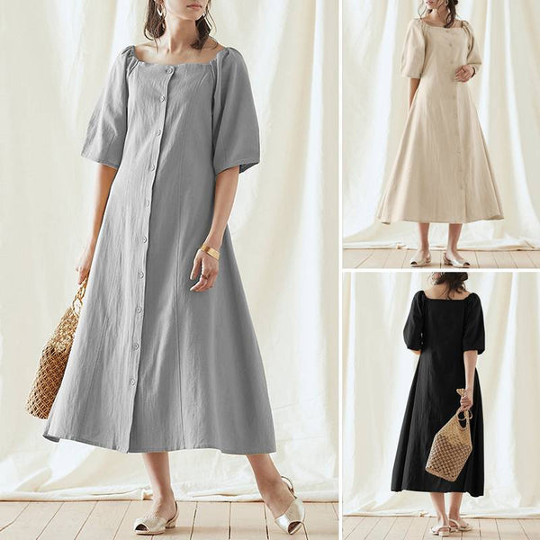 Summer Holiday Elegant Sundress ZANZEA Women Square Neck Buttons Robe Puff Sleeve Solid Vestidos Casual Midi Femme