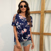 Summer Hollow Out Cross Off Shoulder Short Sleeve Ladies T-Shirts Tops Streetwear Casual O-Neck Vintage Floral Print Shirt Women