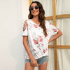 Summer Hollow Out Cross Off Shoulder Short Sleeve Ladies T-Shirts Tops Streetwear Casual O-Neck Vintage Floral Print Shirt Women