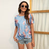 Summer Hollow Out Cross Off Shoulder Short Sleeve Ladies T-Shirts Tops Streetwear Casual O-Neck Vintage Floral Print Shirt Women