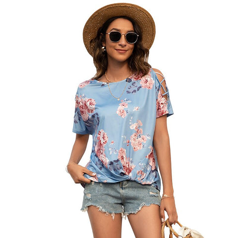 Summer Hollow Out Cross Off Shoulder Short Sleeve Ladies T-Shirts Tops Streetwear Casual O-Neck Vintage Floral Print Shirt Women